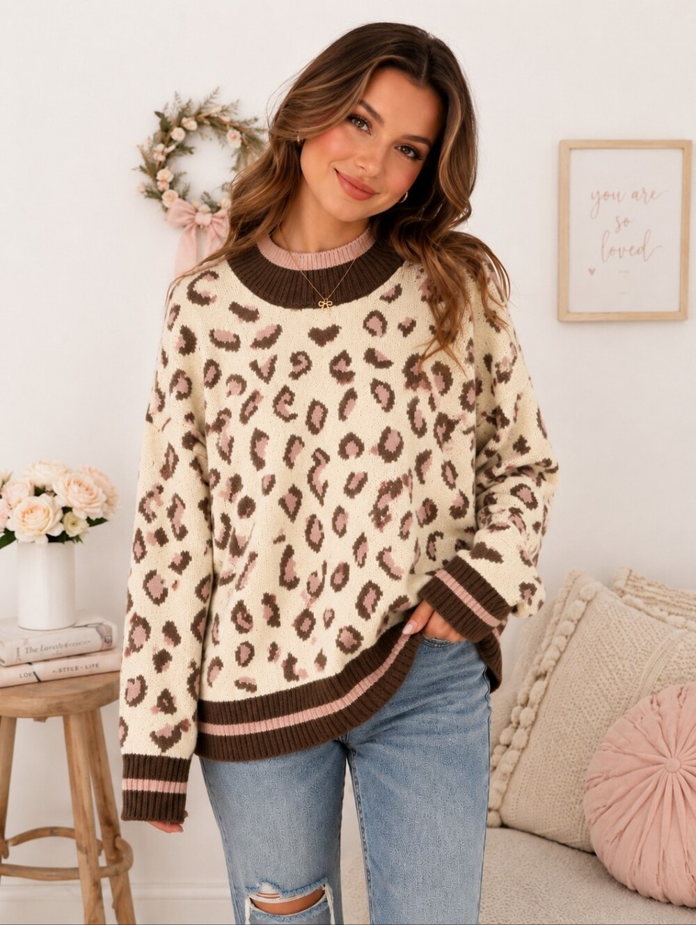 Leopard Print Sweater Women’s Cream Pink Brown Chunky Knit Crewneck Cozy Casual‎